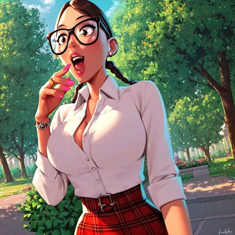 score_9,score_8_up,score_7_up, solo, 1girl, ring, large breasts, collared shirt, pink nails, white shirt, glasses, park, outside, skirt, slim waist,