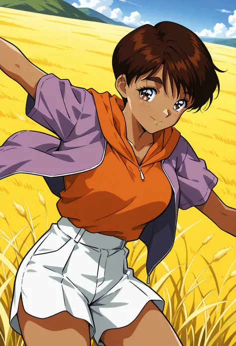 sr5_mizuki, retro artstyle, dark skin, dark-skinned female, thick eyebrows, brown eyes, brown hair, short hair, orange hoodie, purple jacket, short sleeves, white shorts, <lora:SR5_mizuki_illustrious_ver1:0.8> 
smile,, masterpiece, best quality, general,, ...