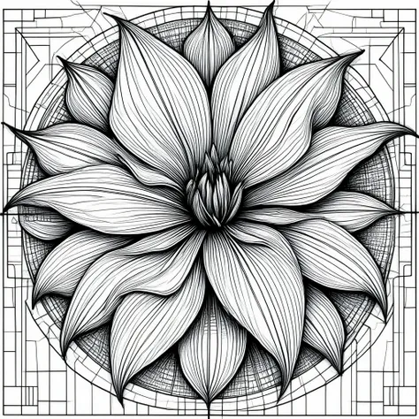 An intricately detailed drawing of a variegated flower.

An artistic drawing in pen and ink. Bold black lines. A complex geometric background, like stained glass, ready for coloring in.

lndrwngCE_style