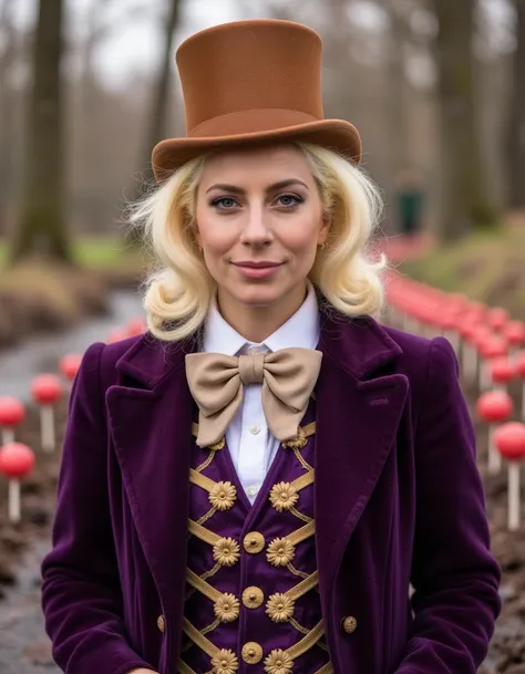 portrait of lady-gaga is dressed as Willy Wonka, with a purple jacket, beige bow tie, and a purple and gold vest with diagonal lines of  flowers over a white collared shirt, she is wearing a brown top hat.  She is standing in an outdoors area with a chocol...