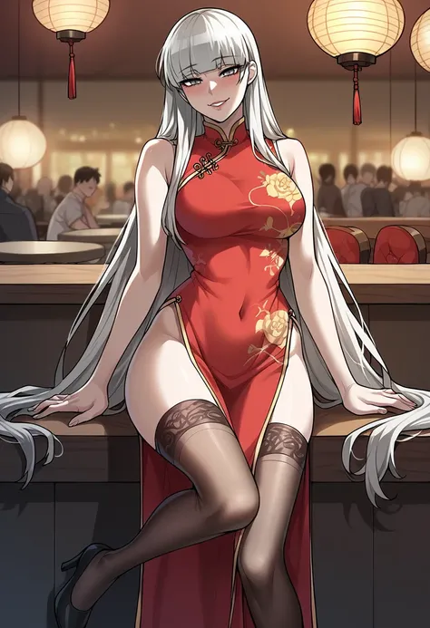 masterpiece, best quality, source_anime, uncensored, score_9, score_8_up, score_7_up, score_6_up, score_5_up, score_4_up, 1girl, solo, jinseohyeon, long hair, white hair, blunt bangs, grey eyes, qipao,red dress, long skirt, high heels, stockings, jyojifuku...