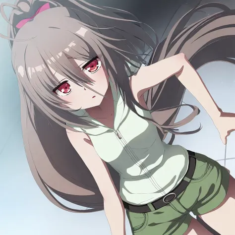 very awa,masterpiece, best quality, good quality,anime coloring, game_CG,1girl,Rosette_Savigny_DEEP_ONE,brown hair,long hair,red eyes,ponytail,ahoge,green short shorts,white sleeveless