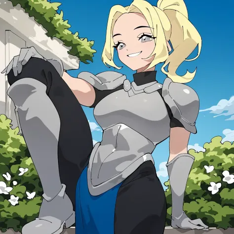 score_9,score_8_up,score_7_up, 1girl, solo, blonde hair, Grey eyes, ponytail, smile, boots, medium breasts, breastplate, pelvic curtain, blue sky, boobplate, garden, Pants, grey gloves,