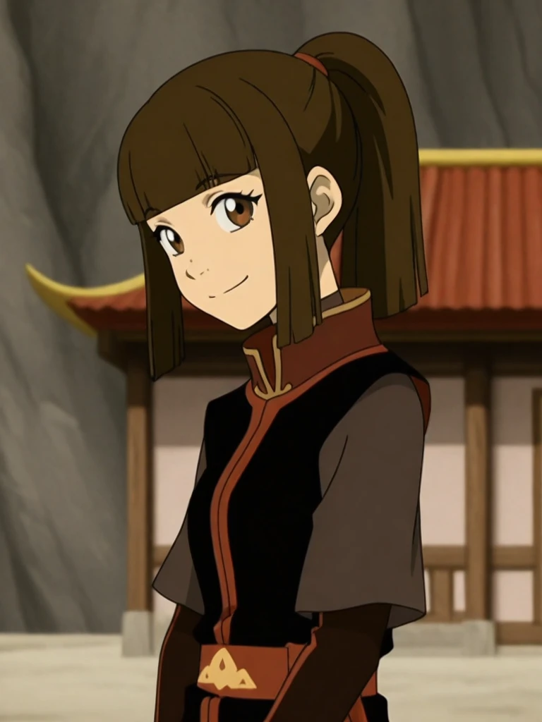 <lora:Fire_Nation_School_Uniform:1>
masterpiece, anime screencap, flat color,
fire nation school uniform,
1girl, onji, ponytail, brown hair, blunt bangs, blunt ends,
upper body, outdoors, couryard, smile,