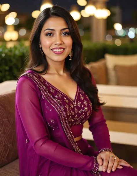 close_up photo of a well dressed desi_medium woman, wearing dark-Magenta colored Long Anarkali Gown, happy,solo focus, city light in background bokeh <lora:Desi_Coffee_Flux_Kohya_LoHa_v2:0.8>âââ