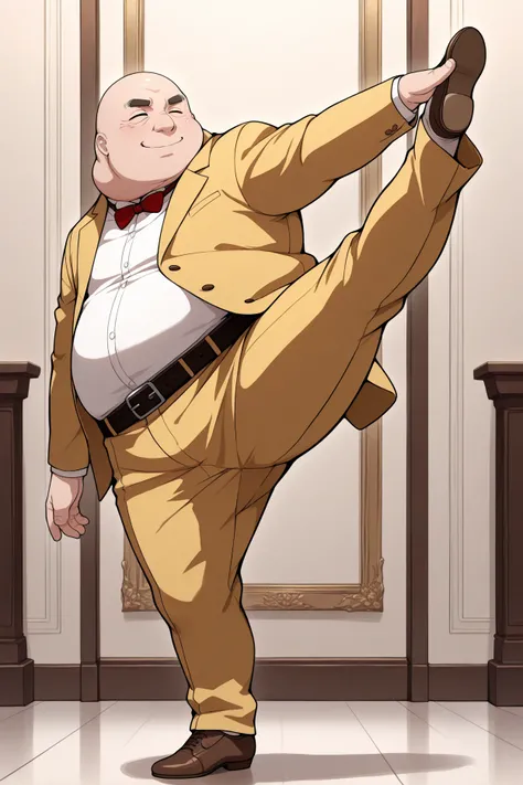 masterpiece, best quality, 1boy, solo, male focus, <lora:p5principal-illu-nvwls-v1-000006:1> p5principal, obese, fat man, bald, black eyes, thick eyebrows, yellow jacket, formal, white shirt, red bow tie, belt, yellow pants, brown shoes, ballerina pose, en...