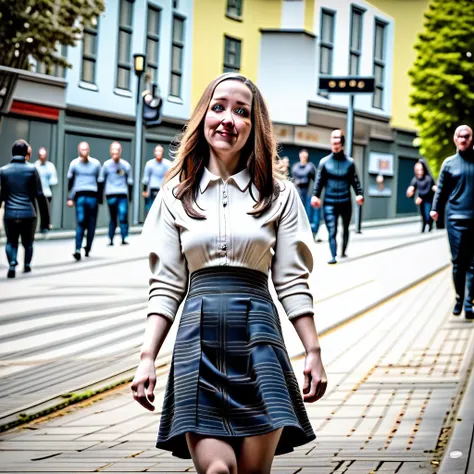 4k, photography, realistic, highly detailed, high resolution, hd, 1girl, 25 years old, long brown hair, dark blue eyes, freckles on face and arms, walking in a european city, wearing a skirt and a white blouse