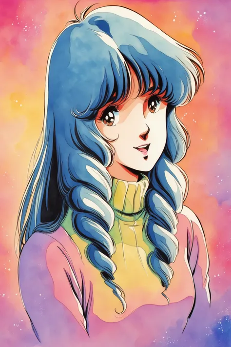 Lynn Minmay,1girl,solo,1980s (style),retro artstyle,long hair,blue hair,sweater,open mouth,brown eyes,light smile,drill hair,upper body,looking at viewer,traditional media,watercolor (medium),
<lora:Haruhiko Mikimoto_illustriousXL:0.8>,