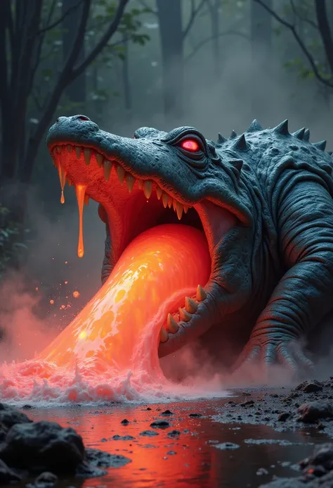 Action shot of a vibrant blob creature that is a crocodile shooting a beam of plasma from its mouth