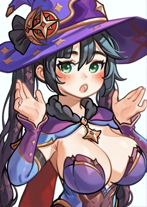 1girl, mona (genshin impact), huge breasts, :o, black hair, blush, breasts, capelet, detached sleeves, green eyes, hair between eyes, hands up, hat, leotard, long hair, looking at viewer, open mouth, purple headwear, purple leotard, solo, sparkle hair orna...