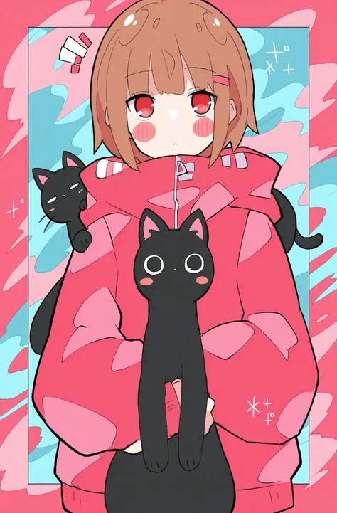 masterpiece, best quality, Haru, 1girl, cat, black cat, long sleeves, hood, solo, short hair, looking at viewer, brown hair, hood down, jacket, animal, red eyes, upper body, blush stickers