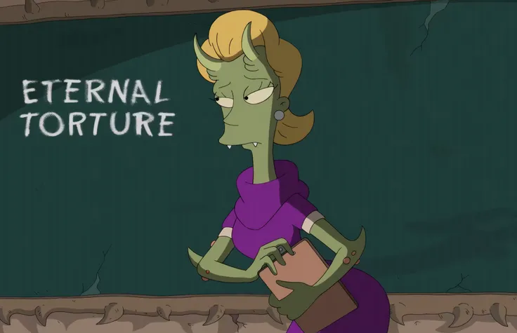 hellroads teacher from the simpsons, 1girl, monster, grayish green skin, horns, monster legs, blonde hair,
purple dress,
classroom, blackboard