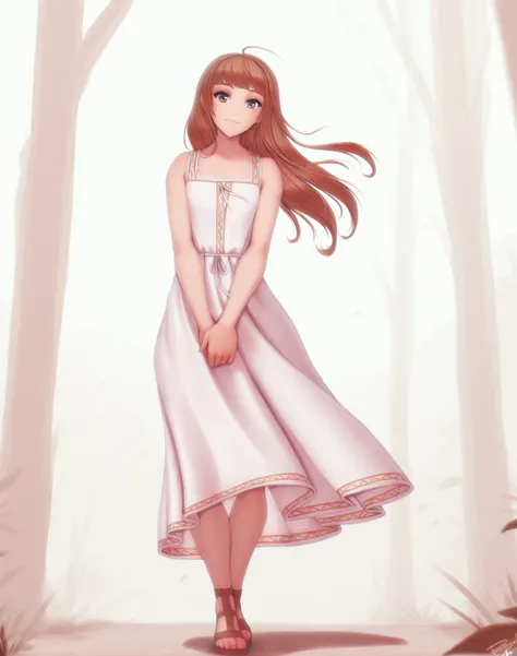 <lora:_Personalami_NAIXL-000025:1> art by Personalami, artist:Personalami, best quality, masterpiece, source_anime, 1girl, solo, long hair, looking at viewer, smile, simple background, brown hair, white background, dress, bare shoulders, standing, full bod...