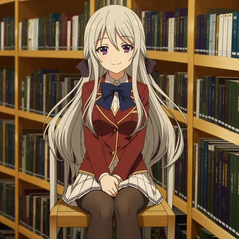 Hiyori,school uniform,solo,looking at viewer,smile,arm at side,sitting,chair,sidelocks,library,