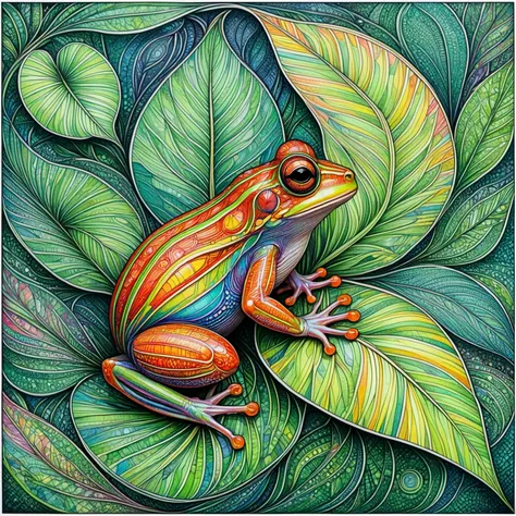 An intricately detailed drawing of a tropical frog on a wet leaf.

An artistic drawing in vivid color pencil. Bold lines. A complex geometric background, like stained glass.

<lora:LineDrawing02_CE_XL_300-OT:0.6> lndrwngCE_style
