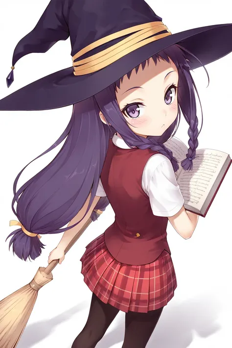 masterpiece, best quality, 1girl, solo, eyelashes, (beautiful eyes),   zzYue, purple eyes, purple hair, long hair, braid, blush, skirt, hat, school uniform, pantyhose, looking back, book, plaid, witch hat, from above, plaid skirt, :<, broom    <lora:AyaseY...