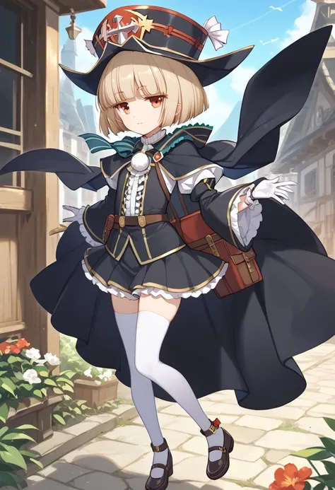 score_9, score_8_up, score_7_up, score_6_up, score_5_up, score_4_up, rating_safe, 1girl,solo, coelho_muramasa, black cape, white gloves, hat, black headwear, black footwear, white thighhighs, detached sleeves, , best quality, amazing quality, very aestheti...