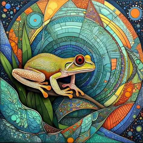 An intricately detailed drawing of a tropical frog on a wet leaf.

An artistic drawing in color pencil. Bold lines. A complex geometric background, like stained glass.

lndrwngCE_style