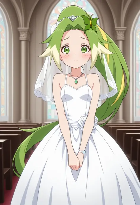 best quality, masterpiece, peridothuman, 1girl, solo, long hair, ponytail, green eyes, butterfly hair ornament, multicolored hair, wedding dress, wedding veil, church, blush, 