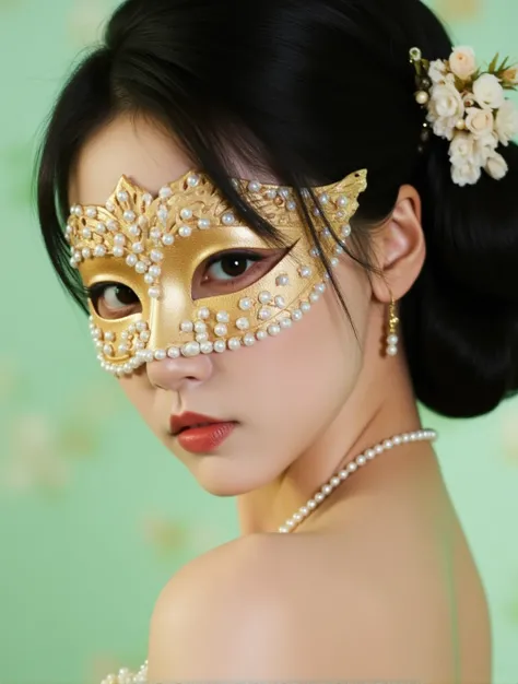 quanlaibahuang,
Epic ImageA healthy woman with pale complexion wears an elaborate gold-leaf mask with lacework and pearl accents. Her dark hair is styled in an elegant updo adorned with white flowers, complemented by delicate gold jewelry including a pearl...