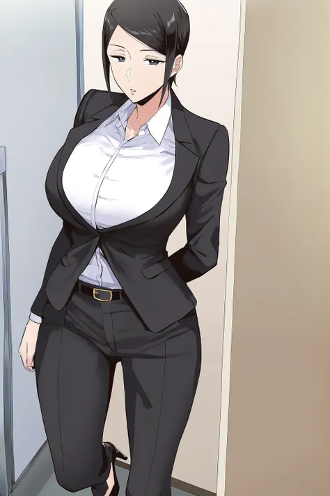 masterpiece,aunt kana,1girl,breasts,pants,solo,formal,suit,shirt,belt,looking at viewer,collared shirt,mature female,high heels,office lady,portrait,<lora:Aunt_Kana:1>,aunt kana,