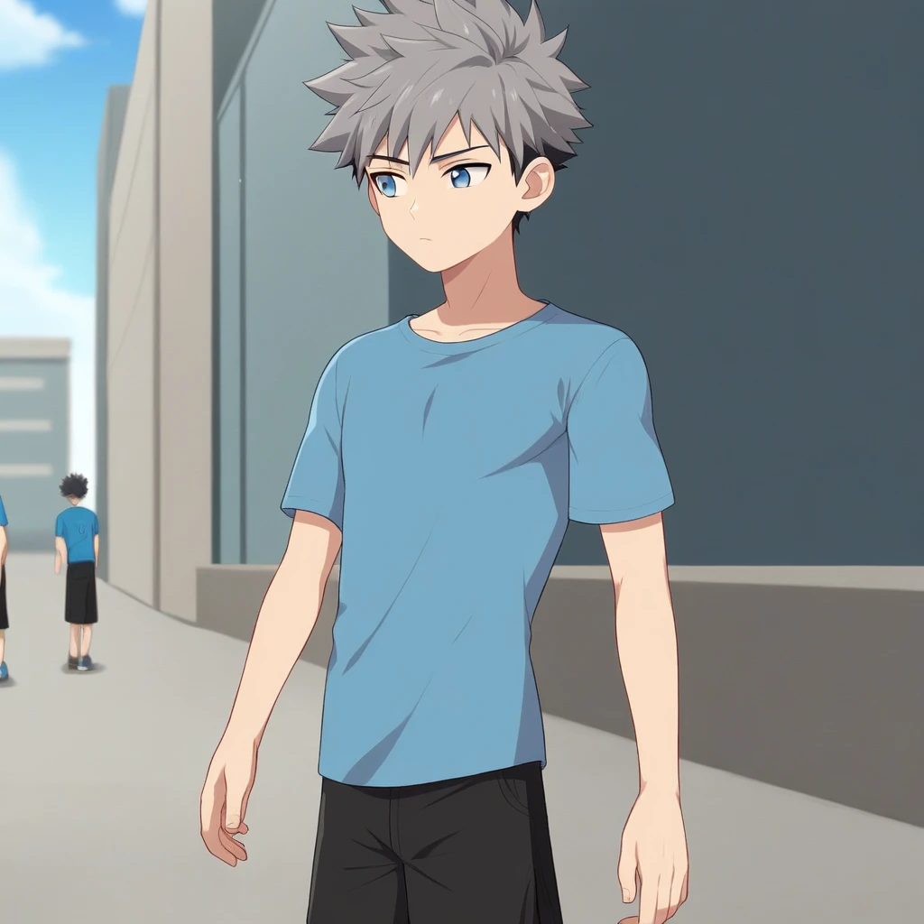 drak grey hair, dark grey hair, grey eyes, 1boy, outdoor, black shorts, spiky hair, solo focus, short hair, blue t-shirt, clear sky, sunny day, solo