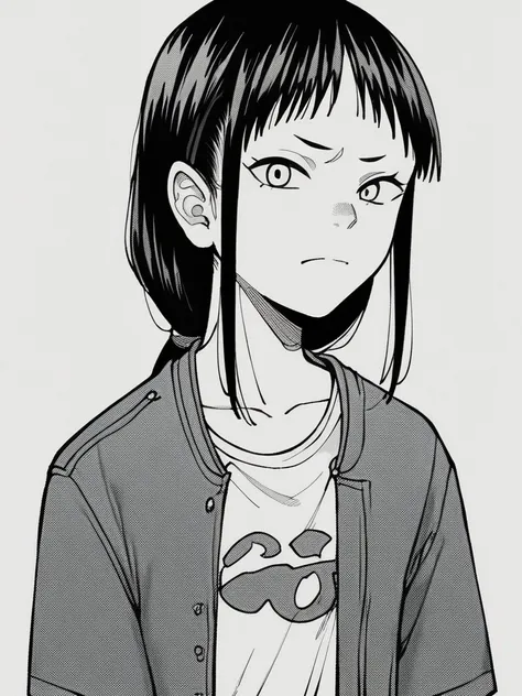 score_9, score_8_up, score_7_up,  
1girl, monochrome, saki ss, black hair, low ponytail,
flat chest,
white eyes,
standing, upperbody, denim jacket, t-shirt, frown, looking at viewer,