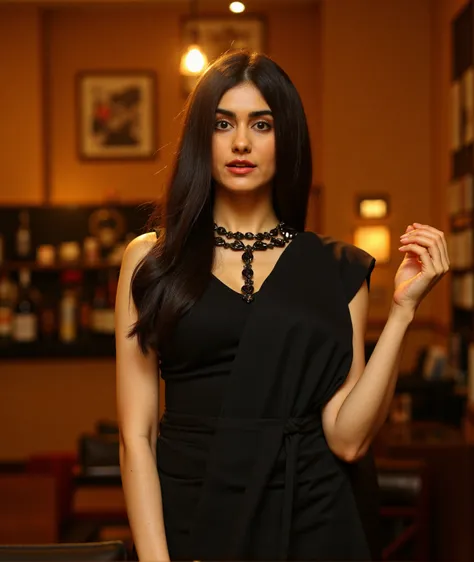 A close-up shot of a woman with long dark brown hair standing, a black saree with deep neck blouse in a nicely warm and cozy lit cafe. Her eyes are wide open looking into the camera. and the womans hair cascades over her shoulders,adahs