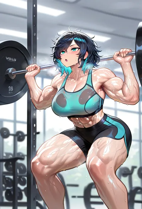 1girl, solo, 
two-tone hair, black hair, blue hair, swept bangs, messy hair, aqua eyes, 
wet, wet clothes, 
sports bra, shorts, sportswear, 
muscular, abs, muscular female, thick thighs, biceps, 
sweat, sweatdrop, :o, heavy breathing, (veins:1.3), (veiny a...