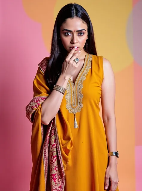 cowboy shot photo of Amruta Khanvilkar woman,hyper realistic candid photo  making an O with her mouth,studio quality, wearing intricate conservative sleeveless Ochre Kashmiri Pashmina Suit, straight hair, pastel shaded multicolored background, cinematic li...
