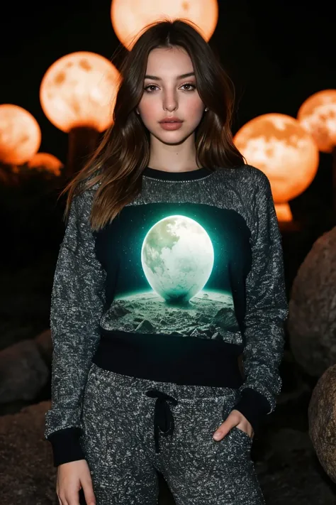 a photo of C3l1n3F4r4ch_HM-143, a woman, wearing sweatshirt and sweatpants, 200mm, Alien Landscape, Otherworldly terrain with bioluminescent flora, bizarre rock formations, and alien creatures., (epiCPhoto), (looking_at_viewer:1.1), OverallDetail, SkinHair...