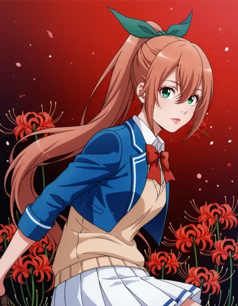 <lora:lulune_il:1> long_hair, brown_hair, ponytail, hair_ribbon, green_ribbon, hair_between_eyes, green_eyes, luluschool, blue_jacket, open_jacket, white_shirt, red_bowtie,  sweater_vest, pleated_skirt, kneehighs, white_socks, brown_footwear, (1girl, solo)...