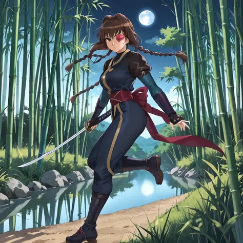 outdoors, bamboo forest, nighttime, river, moon, <lora:Yagyu_Jubei_the_Second_-_Jubei-chan_The_Ninja_Girl-000018:.7> jubei-chan, 1girl, solo, brown hair, brown eyes, bangs, braids, low twin braids, long braids, eyepatch, heart eyepatch, ninja, kunoichi, si...