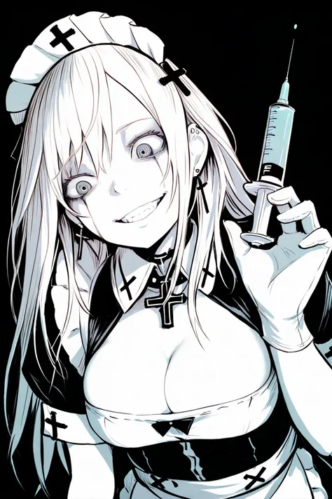 masterpiece, best quality, amazing quality,
<lora:DisorderIL:1> disorder, 1girl, breasts, solo, cross, syringe, jewelry, gloves, earrings, cleavage, monochrome, smile, maid headdress, long hair