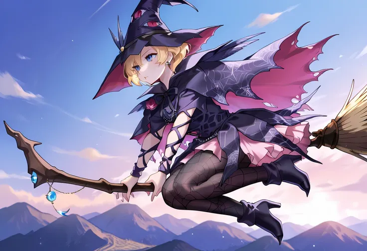 1girl,solo,c_sakura,blonde hair,blue eyes,short hair,earrings,witch hat,black cape,neck ribbon,witch costume,webbed pantyhose,black footwear,pointy footwear,broom riding,masterpiece,best quality,newest,absurdres,highres,<lora:deathsmiles_all_tb_illustrious...