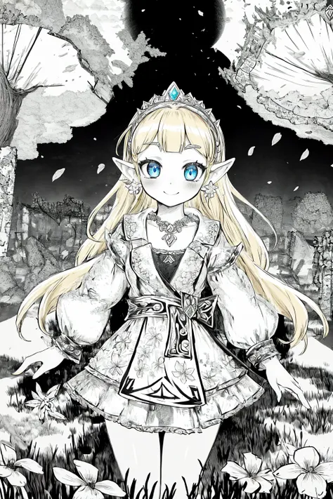 (((monochrome))), masterpiece, ultra-detailed, best quality, illustration, 8k cg wallpaper, an extremely delicate and beautiful, 1girl, Princess Zelda /(The Legend of Zelda/), solo, perfect anatomy, cute face, smiling, blushing, shining eyes, deep blue eye...