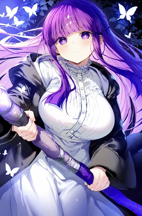 masterpiece, best quality, Noyu, 1girl, fern (sousou no frieren), purple eyes, purple hair, solo, long hair, dress, holding staff, white dress, staff, holding, butterfly, mage staff, breasts, bug, looking at viewer, coat, long sleeves, large breasts, close...