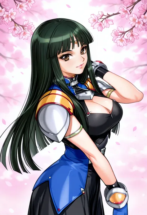 masterpiece, best quality, 1girl, solo, <lora:ill_ouka:1>, srw_ouka, shoulder pads, turtleneck, black shirt, cleavage cutout, blue gloves, arm band, belt, black skirt, legs, standing, cowboy shot, large breasts, facial mark, make up, dark green hair, blunt...