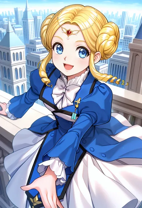 masterpiece, best quality, 1girl, solo, <lora:ill_shine:1>, srw_shine, blue jacket, puffy long sleeves, blue sleeves, white bowtie, white skirt, blonde hair, sidelocks, drill hair, circlet, double bun, short hair, sapphire eyes, looking at viewer, smile, o...