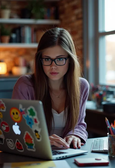 {    "T5": "The photo features Marketa Stroblova, a young woman with a nerdy style, wearing glasses as she intently works on her MacBook. The MacBook is covered in a variety of colorful anime stickers, adding to the overall nerdy aesthetic. The scene is se...