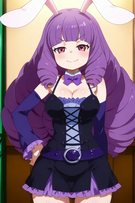 masterpiece, best quality, solo, curvy, beautiful eyes,zzChuchu, pink eyes, drill hair, long hair, purple hair, , animal ears, rabbit ears, blunt bangs, rabbit girl,  dress, bow, cleavage, detached sleeves, belt, bowtie, detached collar,  <lora:Chuchu_Show...