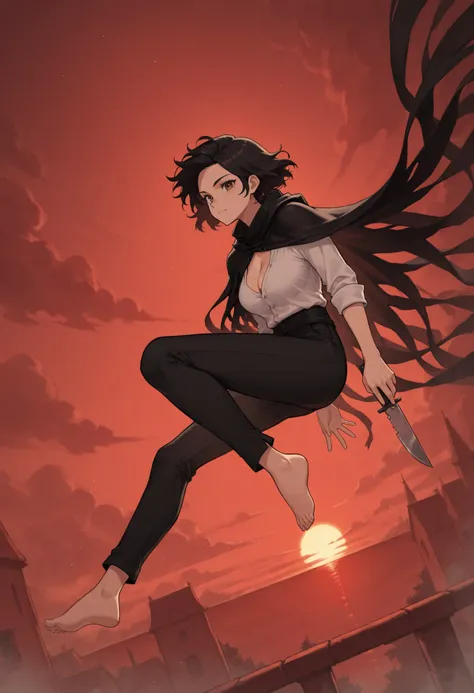 v1n, floating, knife, 1girl, solo, tasselled cloak, brown eyes, short black hair, white shirt, cleavage, black pants, barefoot, red sunset, <lora:VinIllustrious:0.8>