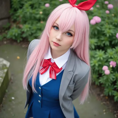 (cata7pln:1.2), a realistic photograph of a woman wearing a (Alya:0.8) cosplay, long pastel pink hair, blue eyes, red ribbon in hair, red bowtie with white stripes, grey blazer, blue vest and skirt, white undershirt, white thighhighs, Determined eyes, chin...