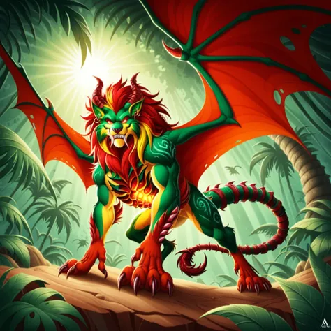 concept art <lora:manticores- sdxl1.0:1> mantik, manticore, red bat wings, ((scorpion sting)),  bat wings spread wide, scorpion tail, prowling through an overgrown jungle, emerald-green fur with golden highlights, tail sweeping leaves aside, glowing red ey...