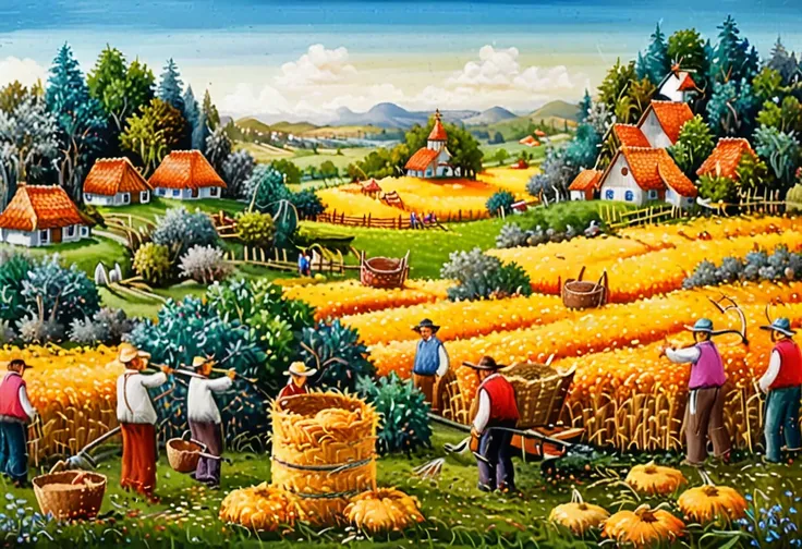 dr4g4n, style of dr4g4n,,A colorful and vibrant naÃ¯ve art painting of several men harvesting hay in a wide-open field under a bright, sunny sky. The men are depicted with simplified, almost childlike features, wearing straw hats, plain shirts, and pants, ...