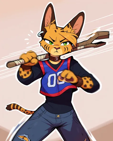 score_9_up, score_8_up, score_7_up, score_6_up, by remanedur, half-length portrait, medium breasts, brown choker, serval, green eyes, female, tail, 4 fingers, holding object, holding weapon, bo staff, holding melee weapon, motion blur, motion lines, narrow...