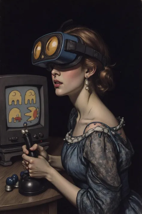 artrack1 illustration of a young woman turned slightly toward the viewer, She wears a deep blue VR Headset with golden yellow lenses draped elegantly over her head, complementing her smooth, glowing complexion. Her gaze is soft yet piercing, and her slight...