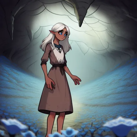 Garial, 1 person dynamic shot, solo, pointy ears, ((snout nose)):1.0, flat chest, androgynous body, fully clothed, lean stature, medium tan skin, white hair, long hair, hip-length hair, blue eyes, white tunic, brown robe, small nostrils, ((3-fingers-1-thum...