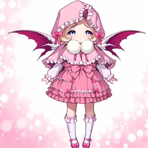 1girl,c_supe,solo,child,blonde hair,blue eyes,pink hood,hood up,pink bow,pink capelet,pom pom (clothes),pink dress,white socks,kneehighs,pink footwear,pink wings,masterpiece,best quality,newest,absurdres,highres,<lora:deathsmiles_all_tb_illustriousXL_v1.0:...