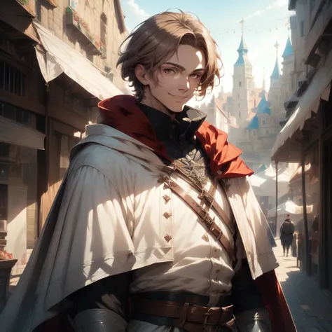 Feudal , 1man, solo,  light brown hair, short hair,  hair tips,  brown eyes, slant eyes, standing, smile,  upper body  , cape, medieval outfits, ,  belt, outdoors, market square, blue sky, score_8_up, score_7_up,  Soft shadows , depth of field, lens flare,